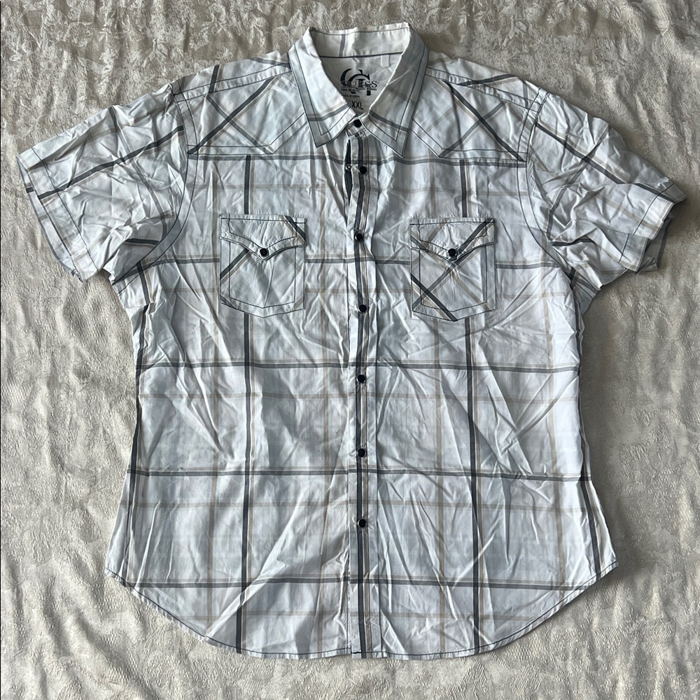 Guess Men's Gray Plaid Button Down Shirt Embroidered Back